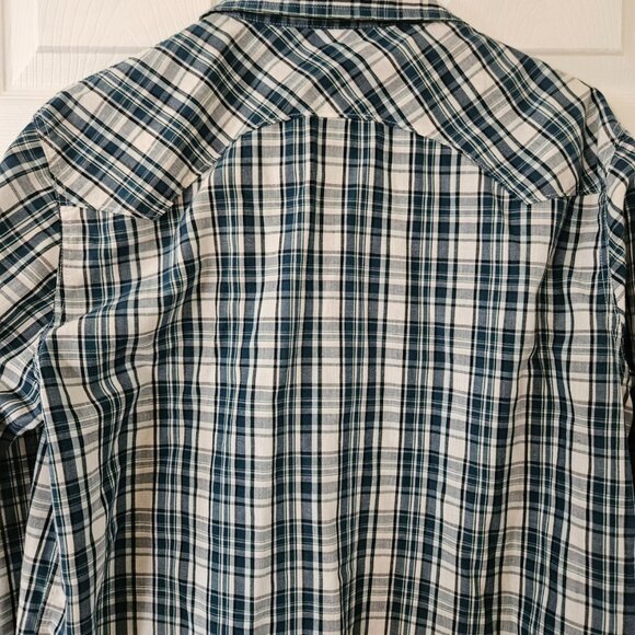 LeVI’S Western Shirt Mens Sz L Pearl Button Snaps Cowboy Blue Plaid Cotton Blend - Picture 6 of 8